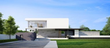 Mavi gökyüzü arka planına sahip lüks modern ev, gayrimenkul ya da 3D tasarım kavramı
