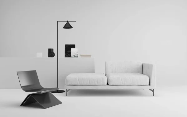 Moderno Soggiorno Interno Minimo Mobili Bianco Nero Bianco Room Rendering — Foto Stock