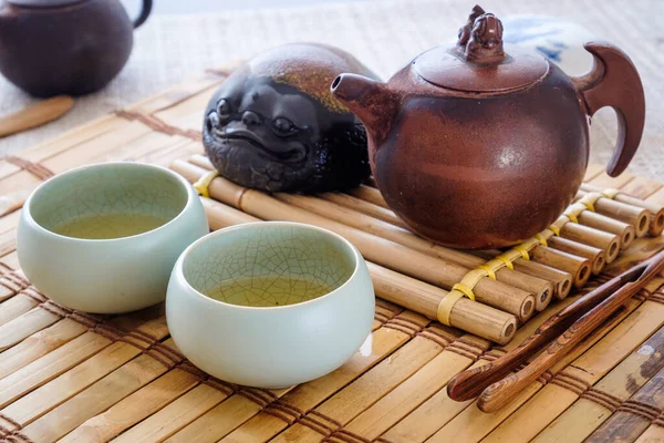 Tea Set Wooden Table Made Bamboo Clay Teapot Two Cups — Stock Photo, Image