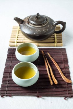 Masadaki çay seti ve bambu tabakası.