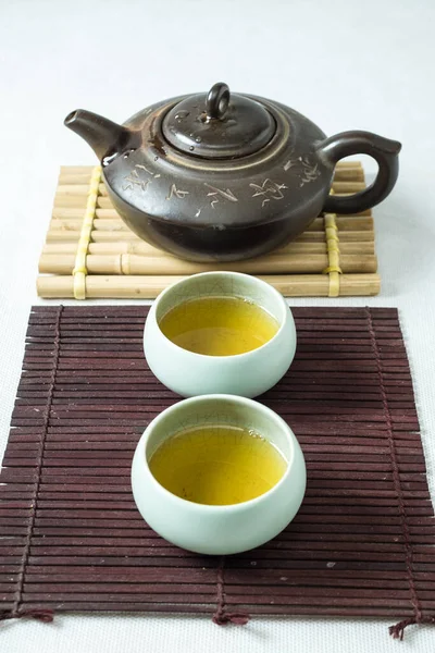 Tea Set Table Bamboo Substrate — Stock Photo, Image