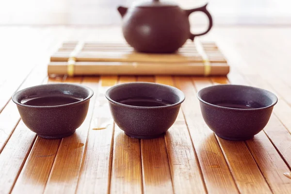 Tea Set Table Bamboo Mat Ceramic Cups — Stok fotoğraf