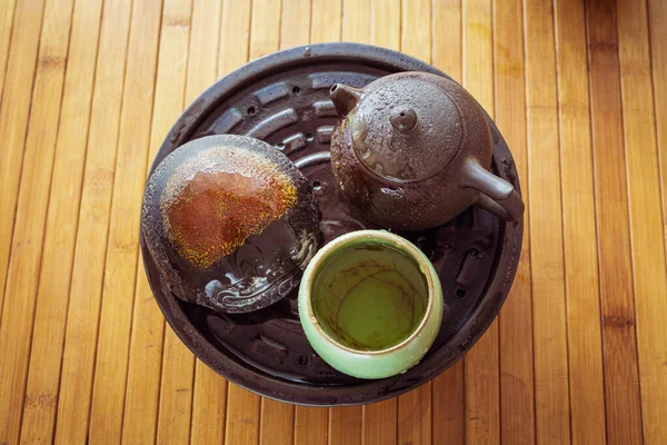 Tea Set Table Bamboo Mat Ceramic Cups — Stock fotografie