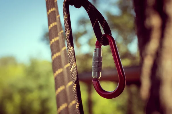 Carabina Com Embreagem Equipamento Para Escalada Alpinismo Corda Segurança — Fotografia de Stock