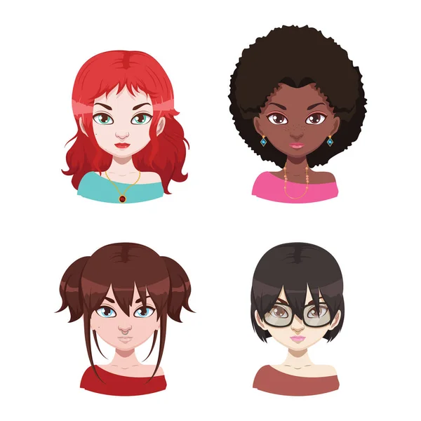 Set Four Fashionable Diverse Women Avatars — Stock Vector