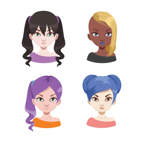 Módní Rozmanité Ženy Avatary Různými Barvami Vlasů — Stockový vektor
