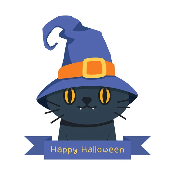 Cadı Şapkalı Kara Kediyle Cadılar Bayramı Kutlu Olsun — Stok Vektör