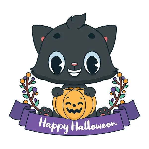 Счастливый Баннер Хэллоуин Симпатичной Черной Кошкой Традиционном Стиле Мультфильма — стоковый вектор