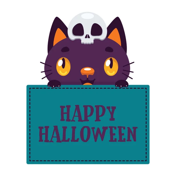 Šťastný Halloween Znamení Roztomilou Černošky Kočka Lebkou Hlavě — Stockový vektor