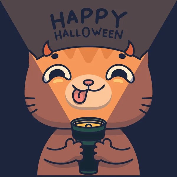 Lindo Gato Malvado Sonriendo Brillando Una Linterna Cara — Vector de stock