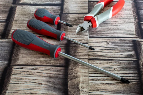 Three Screwdrivers Different Sizes Side Cutters Small Screwdriver Medium Large — Stockfoto