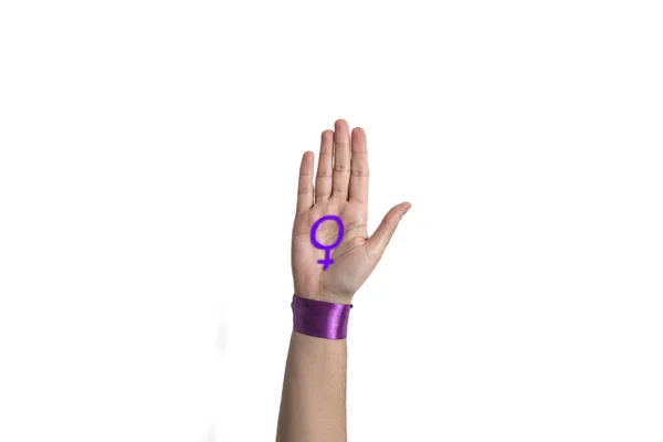 Palma Mão Uma Mulher Com Desenho Símbolo Das Mulheres Com — Fotografia de Stock