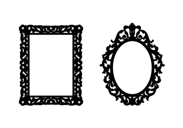 Two vintage openwork black frames on a white background for printing and laser carving. Vector clipart.