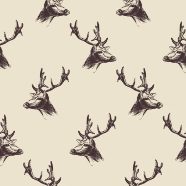 Hand drawn deer head pattern on beige background for printing on paper, textiles and decoration. Vector illustration.