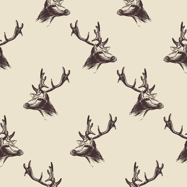Hand drawn deer head pattern on beige background for printing on paper, textiles and decoration. Vector illustration.