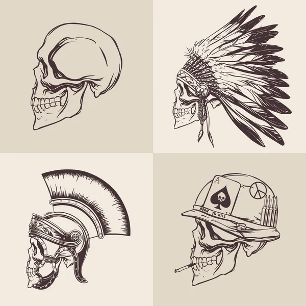 Set Drawn Skulls Gladiator Soldier Vietnam War Tribal Leader Beige — Image vectorielle