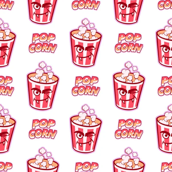 Multicolored pattern of cups with popcorn for the holiday on a white background. For printing and decoration of the holiday menu. Vector clipart.