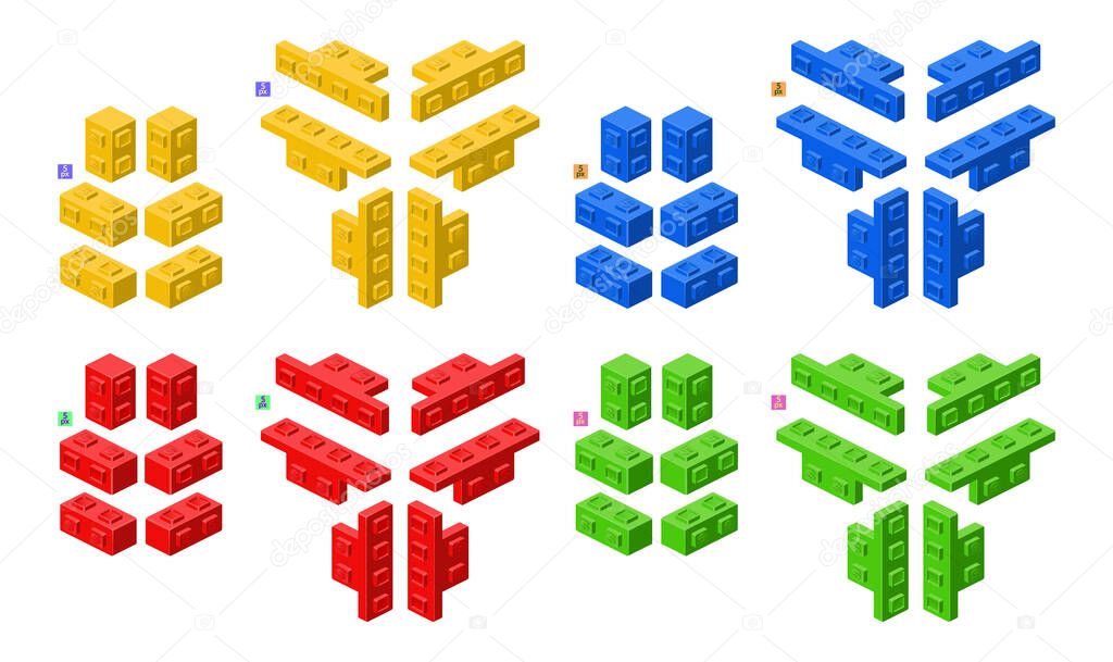 3d set of colored constructor kit in isometry. Corner elements. Vector clipart.