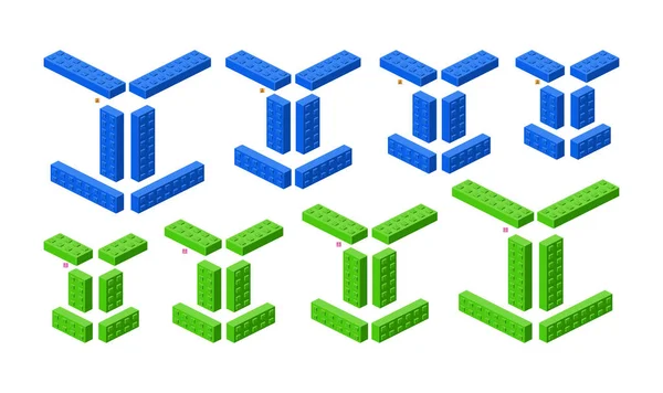 Ensemble Kit Constructeur Coloré Isométrie Briques Longues Différentes Couleurs Clipart — Image vectorielle