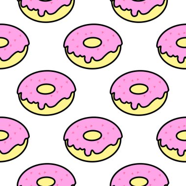 Baskı ve tasarım için pop sanat tarzında beyaz bir arka planda parlak donutların deseni. Vektör illüstrasyonu.