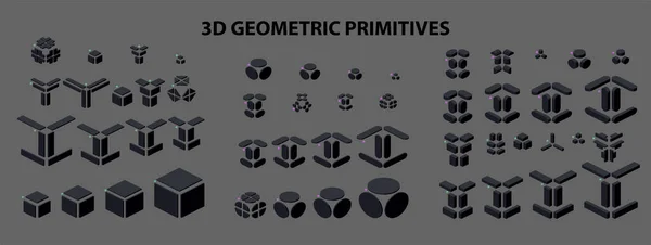 Uppsättning geometriska primitiva 3D-figurer i isometrisk stil för kombination i konstruktionen.Vektorillustration. — Stock vektor