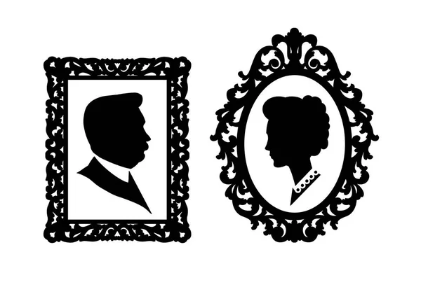 Silhouettes d'un homme, une femme de profil en style vintage pour l'impression et le design. Illustration vectorielle. — Image vectorielle