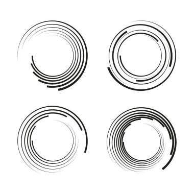 Baskı ve logo tasarımı için bir dizi dairesel girdap süsü. Vektör ortamı.