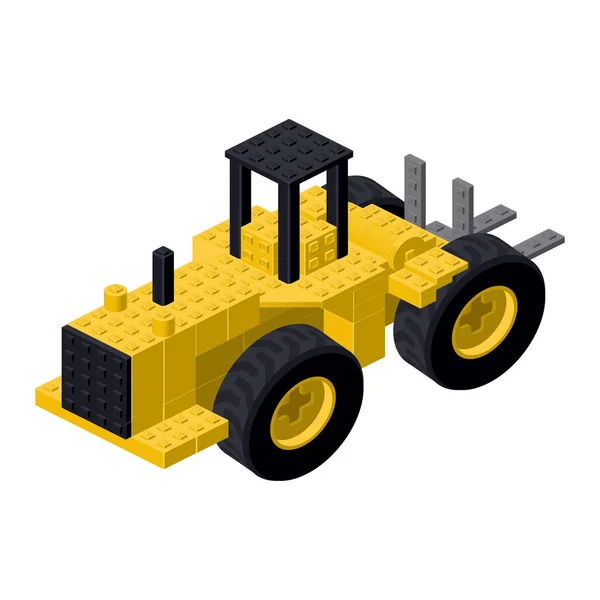 Bright Bulldozer Assembled Plastic Blocks Isometric Style Print Design Childrens — Vector de stock