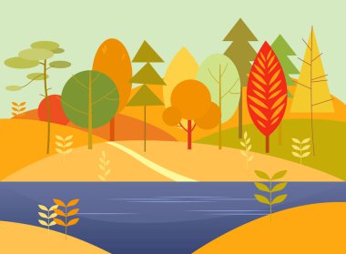 Colorful autumn landscape in flat style for printing and decoration. Vector clipart.