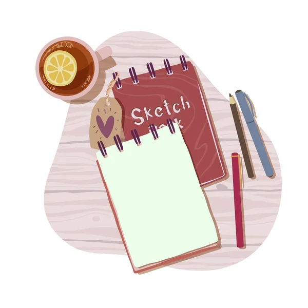 Concept Sketch Books Cup Tea Flat Style Print Illustration Vector — Vetor de Stock