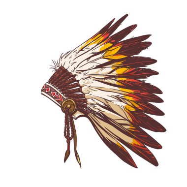Bright headdress of Indian chief in hand drow style for print and design. Vector clipart.