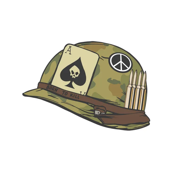 Vietnam war american soldier helmet in hand drawn style for print and design. Vector clipart.