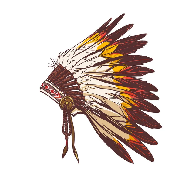 Bright Headdress Indian Chief Hand Drow Style Print Design Vector — Stok Vektör