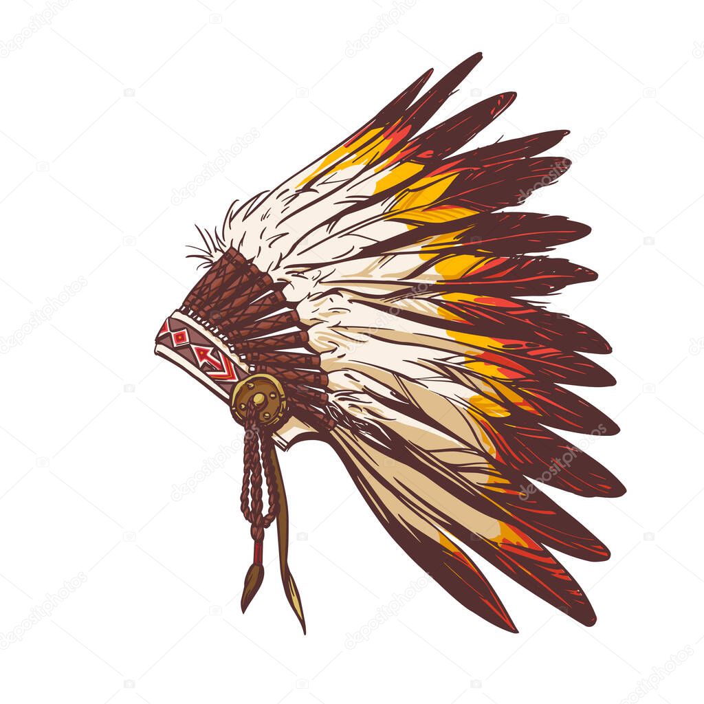 Bright headdress of Indian chief in hand drow style for print and design. Vector clipart.