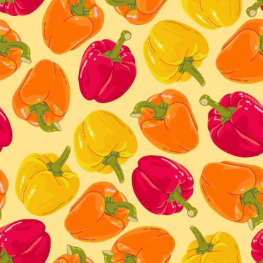 Pattern of realistic colored peppers on a yellow background for print and design. Vector clipart.