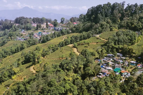 辛卡玛里茶园和山村的风景秀丽 喜玛拉雅山麓上的大吉岭 印度西班加尔的大吉岭 — 图库照片