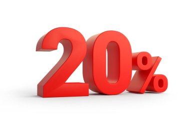 Beyaz arkaplanda yüzde 20 'lik 3D metin var. 3 boyutlu görüntüleme. 3 boyutlu illüstrasyon. % 20 indirim..