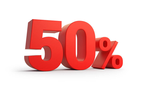 50 процентов 3d текст на белом фоне. 3d Рендеринг. 3d иллюстрация.