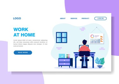 Evden çalışan genç iş adamlarının vektör çizimi. Corona virüsü farkındalığı ve korunması için sosyal medya kampanyası için evinizde kalın.