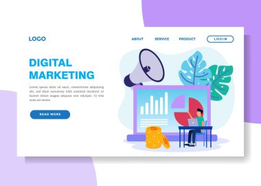 Dijital iş kuran bir girişimcinin vektör çizimi. Web sitesi olan mobil ekran. Gelir, çevrimiçi iş promosyonu, işten ayrılma, fikirler.