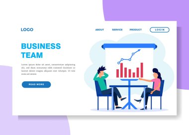 Masada oturan iki yaratıcı iş adamı, iş imkanları ve başarı arasındaki işbirliği. Düz tasarım biçiminin vektör illüstrasyonu.