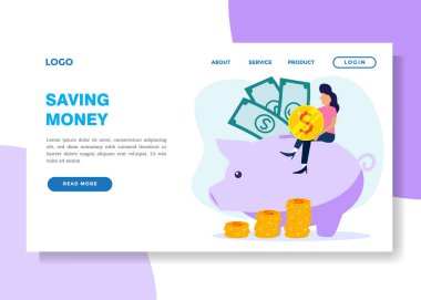 Düz vektör illüstrasyonu, beyaz bir geçmişi olan domuz yavrusu şeklinde büyük domuz kumbarası, finansal hizmetler, işe dahil olan genç adam, tasarruf veya para toplama, sonbaharda para kutusu..