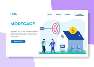 Düz Isometric Vektör Çizimi. Erkekler Konut kredisini satın alır ve bankaya kredi öder. İnsanlar emlak sektörüne para yatırıyor. KPR, Rent ve KPR konsepti. Doğru satın alma.