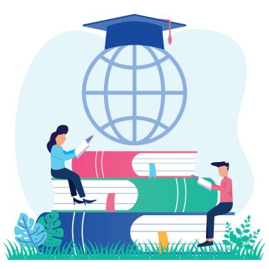 Pankart için modern düz vektör çizimi. Kadınlar ve erkekler kitap yığınının üzerinde oturup mezuniyet şapkası takmış bir küre okuyorlar. Küresel eğitim kavramı, yurtdışında eğitim, uluslararası okullar.