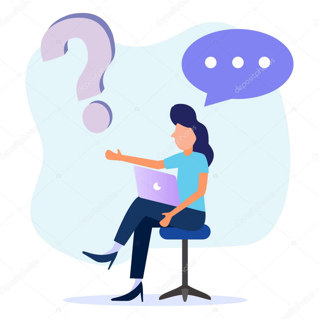 Flat style vector illustration, conceptual illustration of people, online communication, seminar, presentation of getting help information, answering questions.
