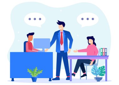 Patron ve çalışan karakter tartışması, vektör kolektif düşünme ve beyin fırtınası, şirket bilgi analizi.