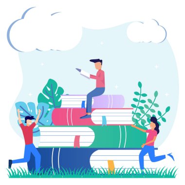Eğitim kavramının ufkunun genişlemesi olarak öğrenmenin vektör illüstrasyonu. Akademik çalışmalar ve bilişsel akademik araştırmalar ile bilgi edinmek. Öğrenciler birbirlerine destek oluyor..