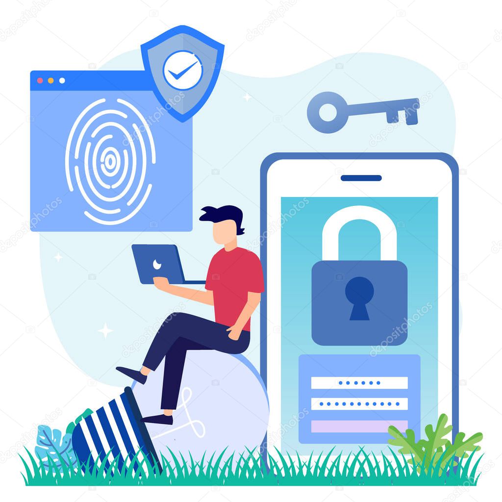 Vector illustration of modern style, self identity control and biometric verification. Fingerprint scanning technology.
