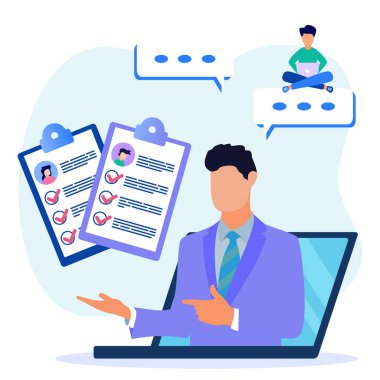 İş ve adam toplama hakkındaki fikirlerin düz stil vektör illüstrasyonu. Çevrimiçi iş görüşmesi. İşe alım yöneticisi araması.