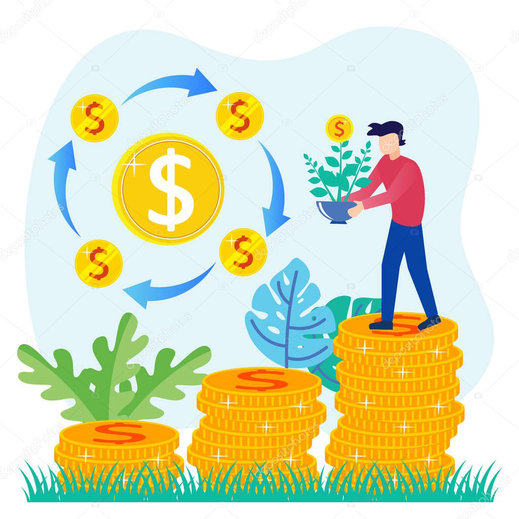 Vector illustration of profit reinvestment concept. Investing business profits and financial growth. Investment strategy and capital mobilization.